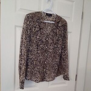 Jones & Co. Leopard Print Ruffle Front V-Neckline Button-Up Blouse